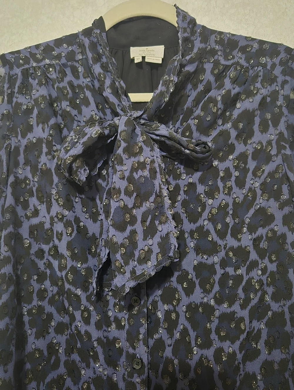 kate spade Navy and Black Leopard Tie-Neck Blouse...size:XS